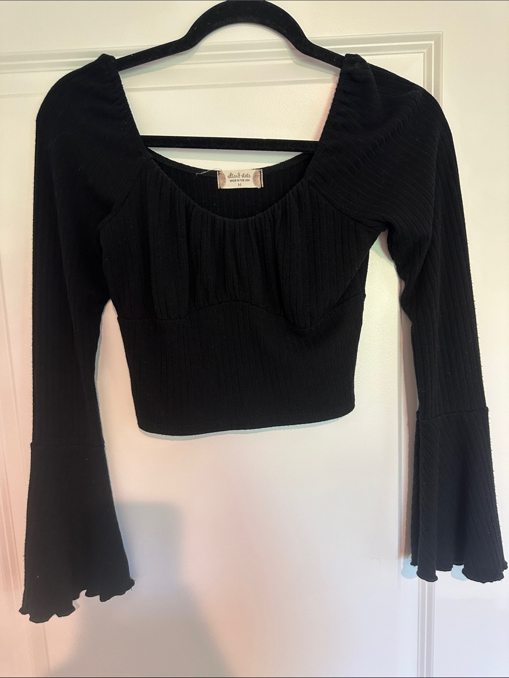 Altar'd State Black Ribbed Long-Sleeve Crop Top